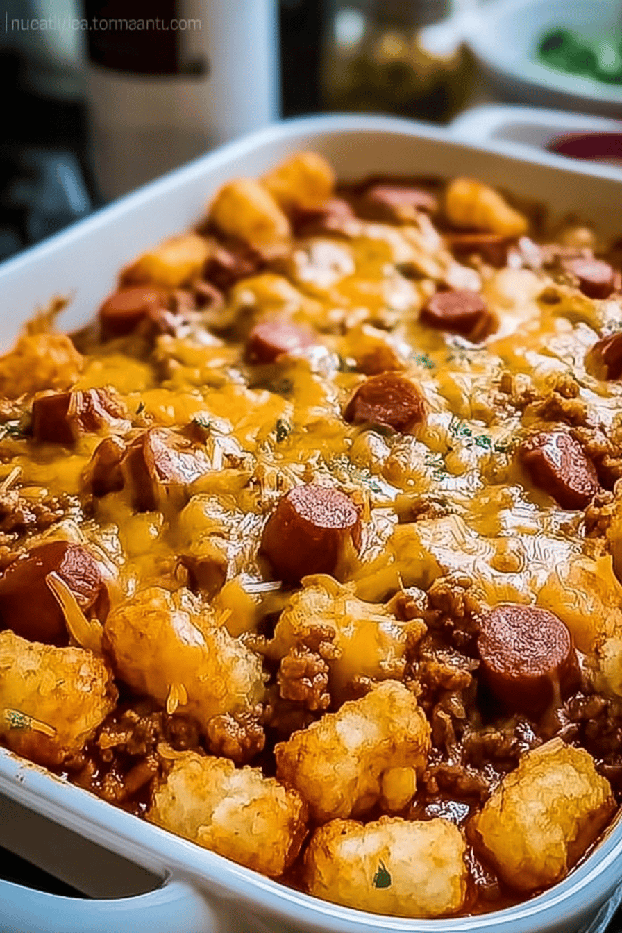 Cheesy Hot Dog Tater Tot Casserole