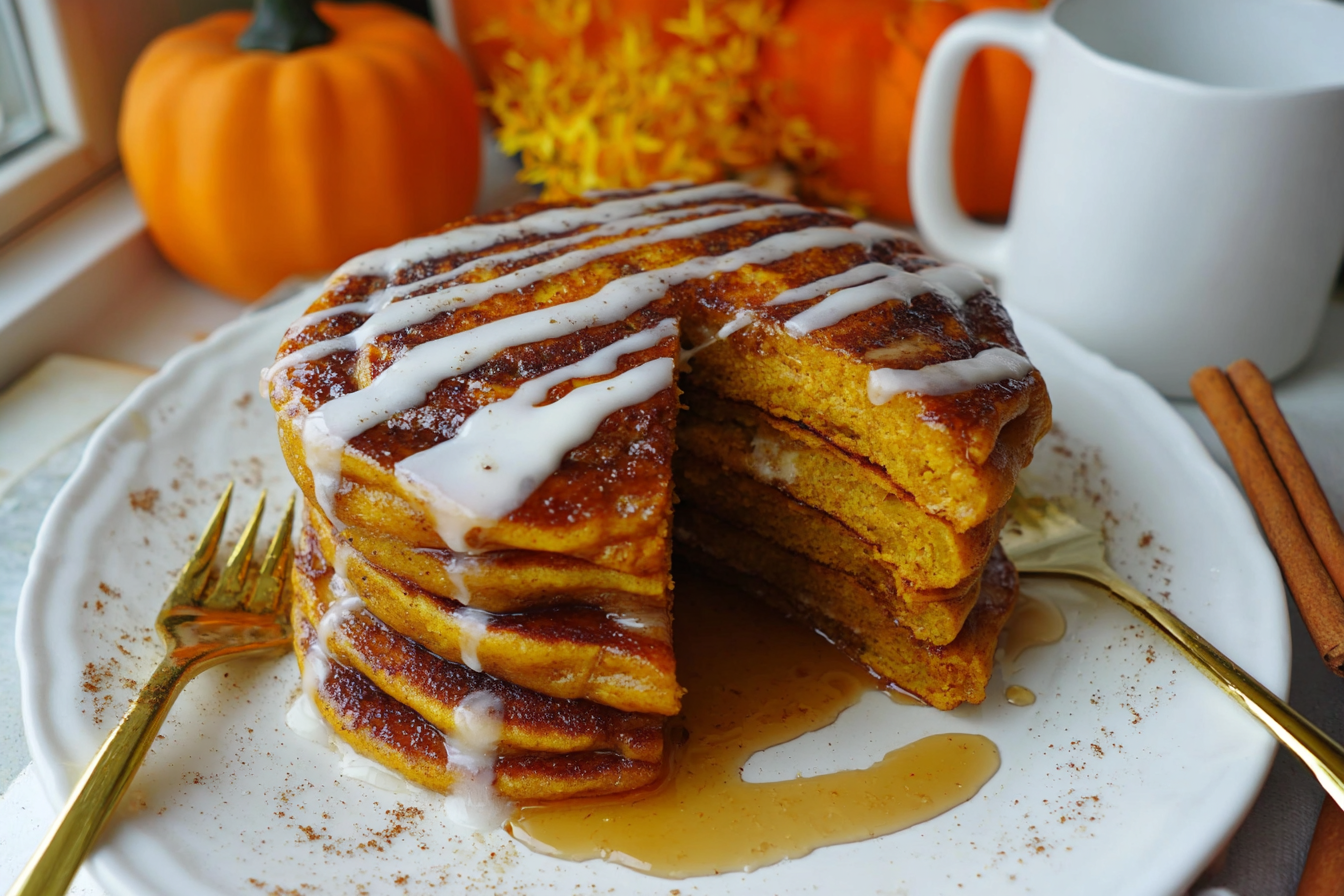 Pumpkin Cinnamon Roll Pancakes