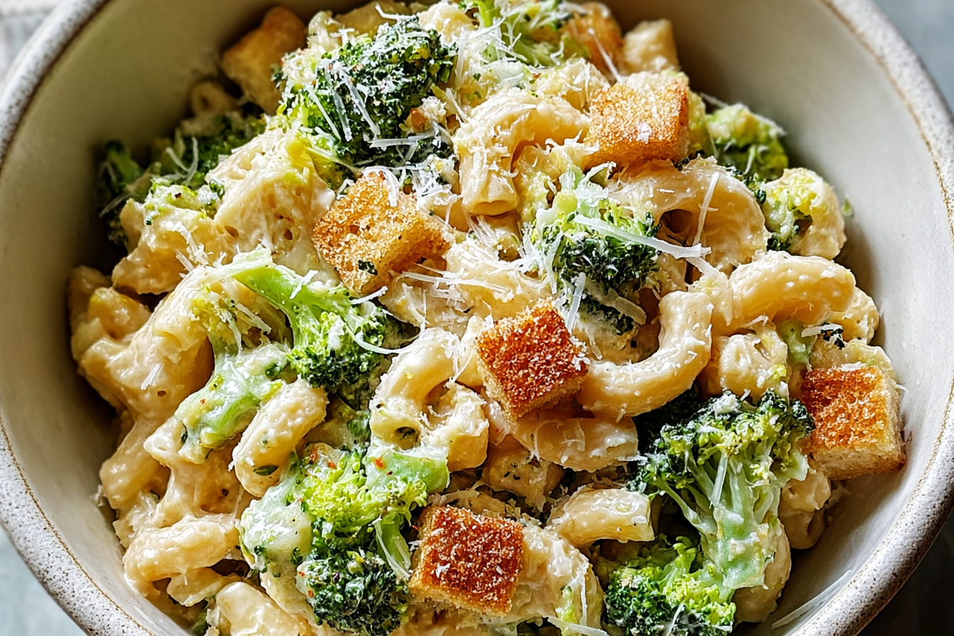 Broccoli Caesar Pasta Salad Recipe With Creamy Dressing And Crunchy Toppings 6 Broccoli Caesar Pasta Salad