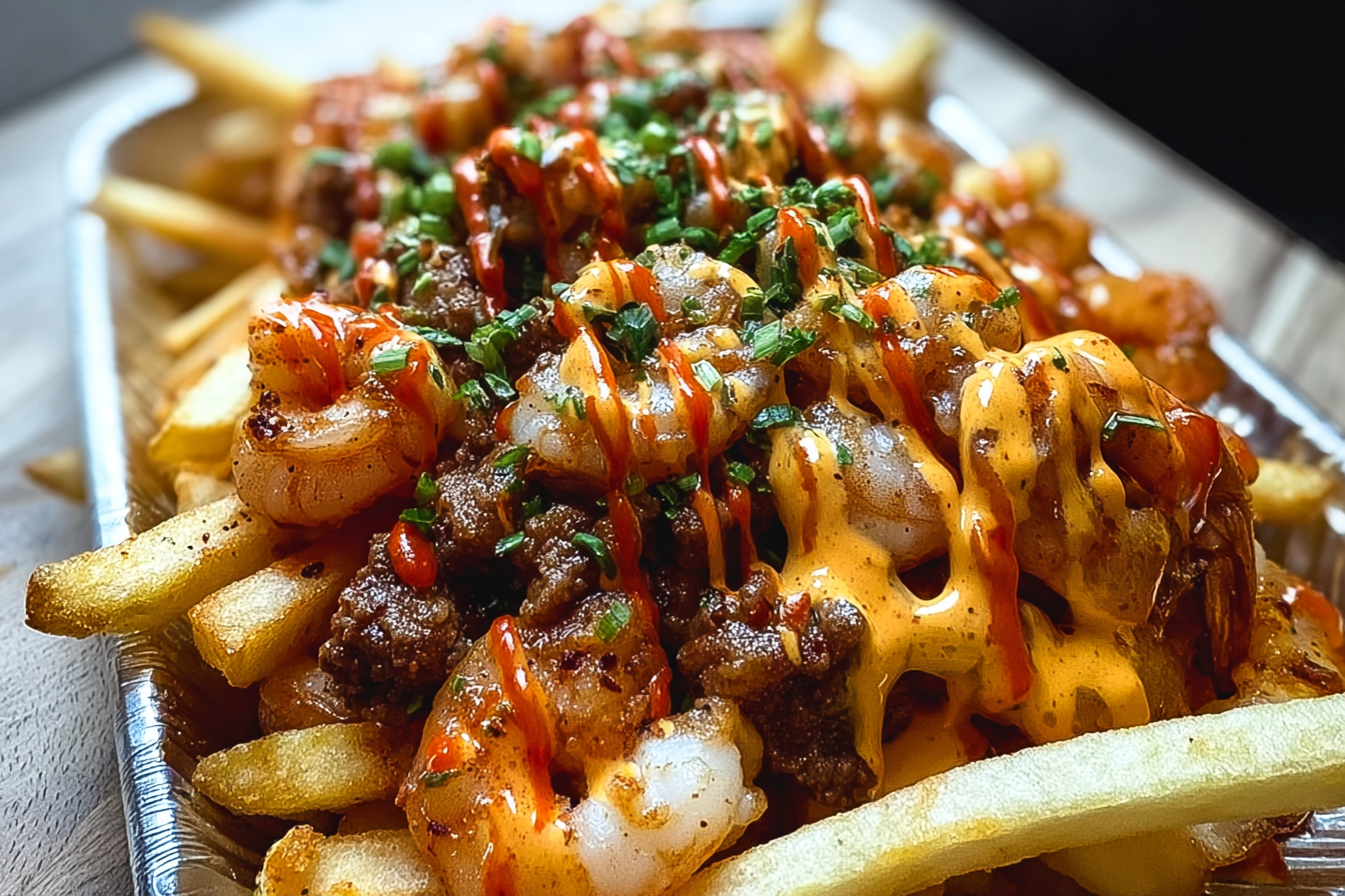 Cajun Surf And Turf Fries With Spiced Steak, Shrimp, And Creamy Sauce 6 Cajun Surf N Turf Loaded Fries