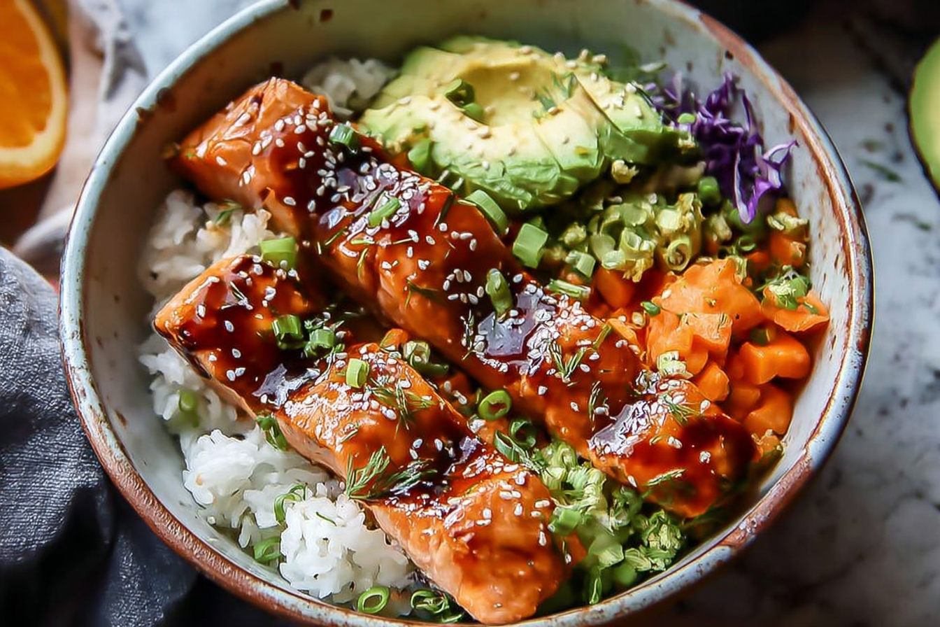 Honey Glazed Salmon Rice Bowls With Fresh Vegetables And Savory Sauce 6 Honey Glazed Salmon Bowl