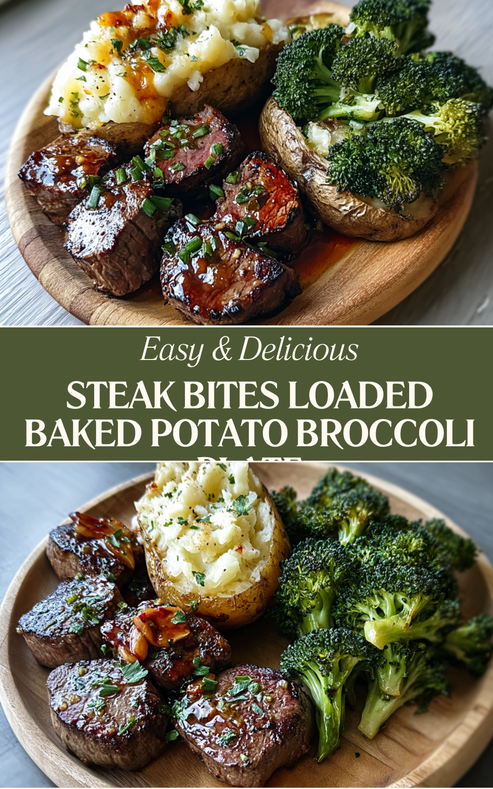 Steak Bites Loaded Baked Potato Broccoli Plate