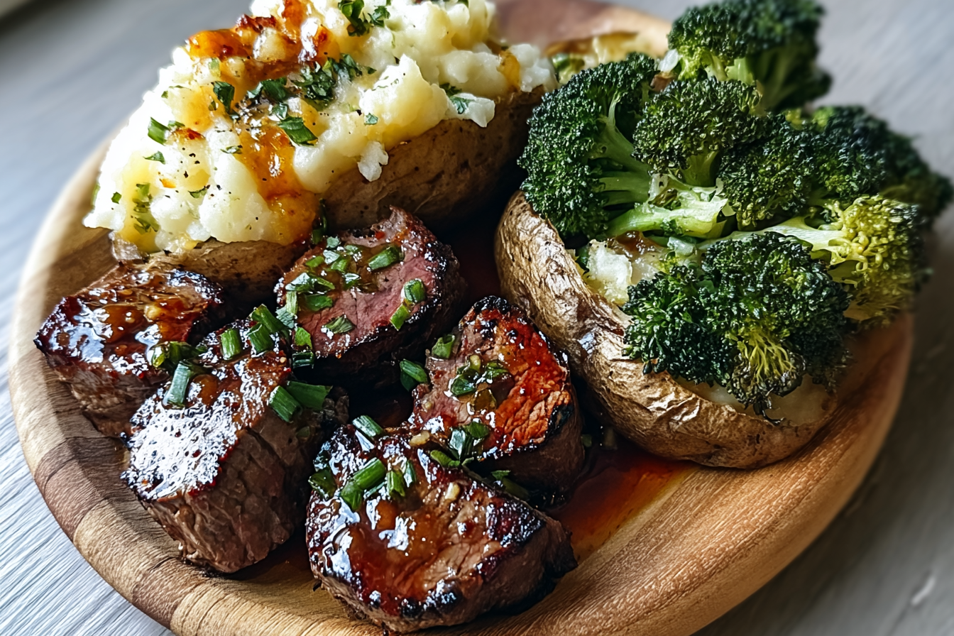 Steak Bites Loaded Baked Potato Broccoli Plate