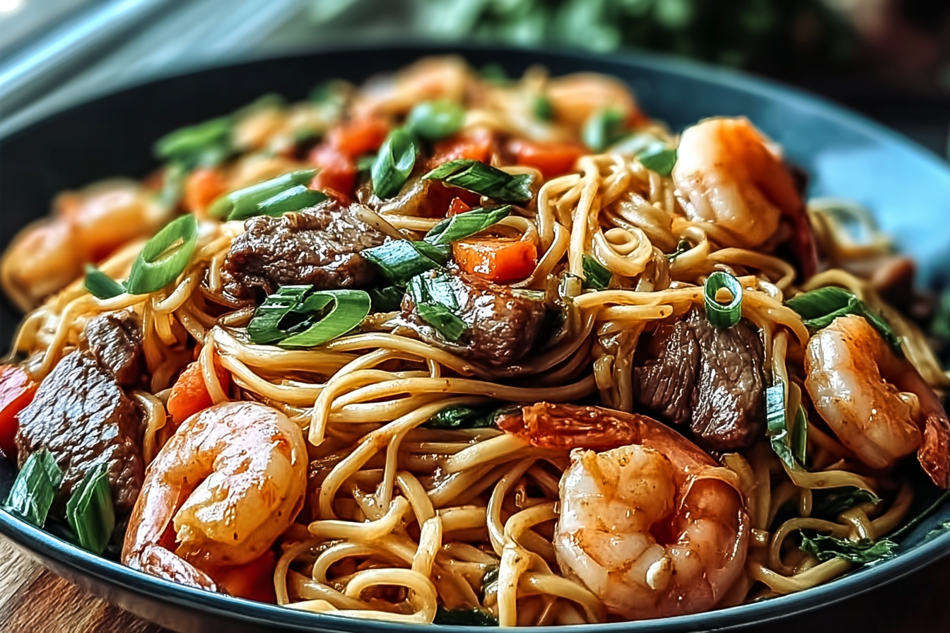 Steak Shrimp Noodles Recipe With Savory Garlic Sauce 6 Surf And Turf Noodle Stir Fry