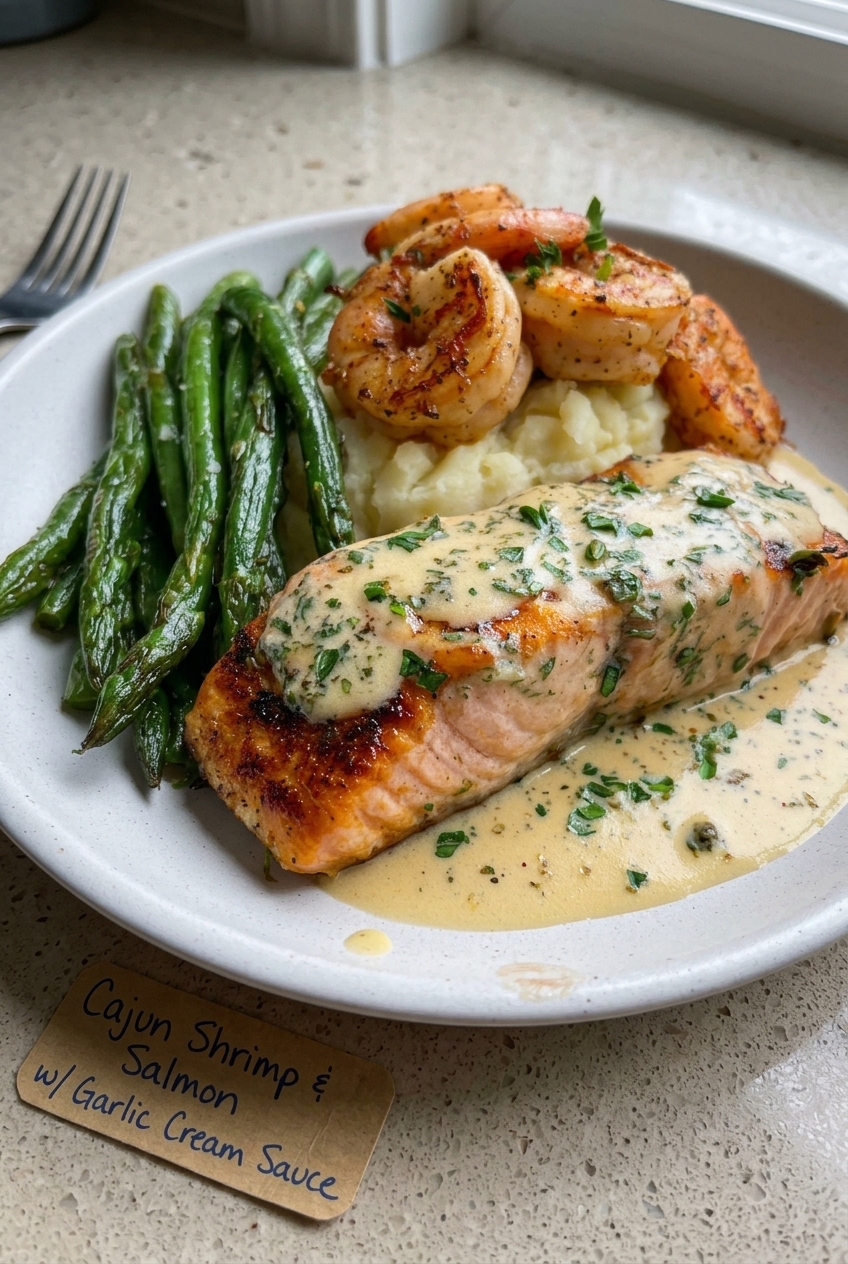 Cajun Shrimp And Salmon With Garlic Cream Sauce
