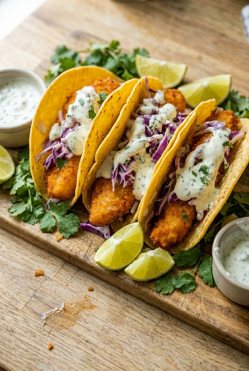 Crispy Baja Style Beer Battered Fish Tacos