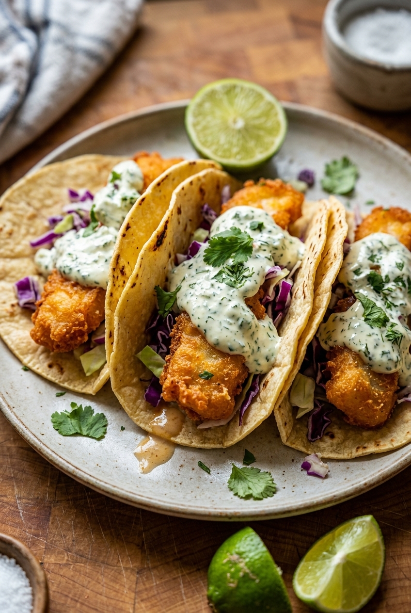 Crispy Baja Style Beer Battered Fish Tacos
