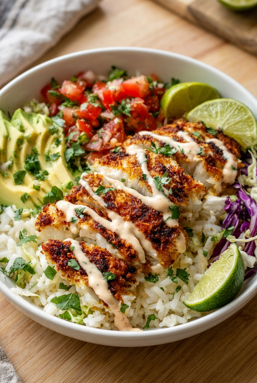 Easy Fish Taco Bowl With Spicy Lime Mayo