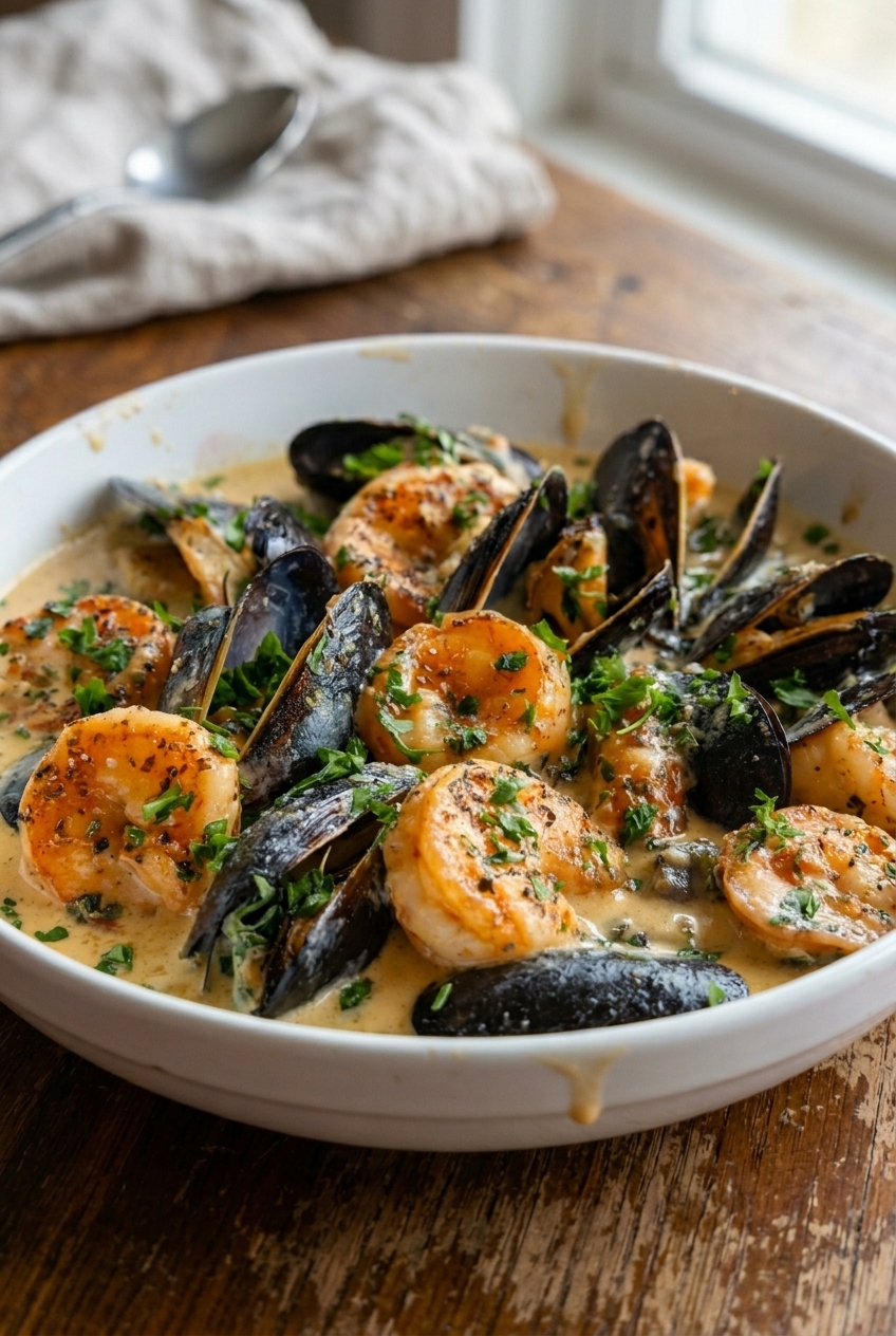 Shrimp And Mussels In Creamy Garlic Sauce